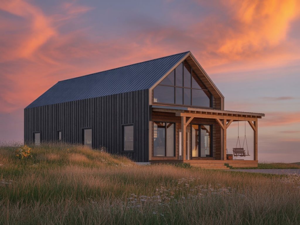 A beautiful and modern barndominium with a dark metal exterior and a rustic porch at sunset.
