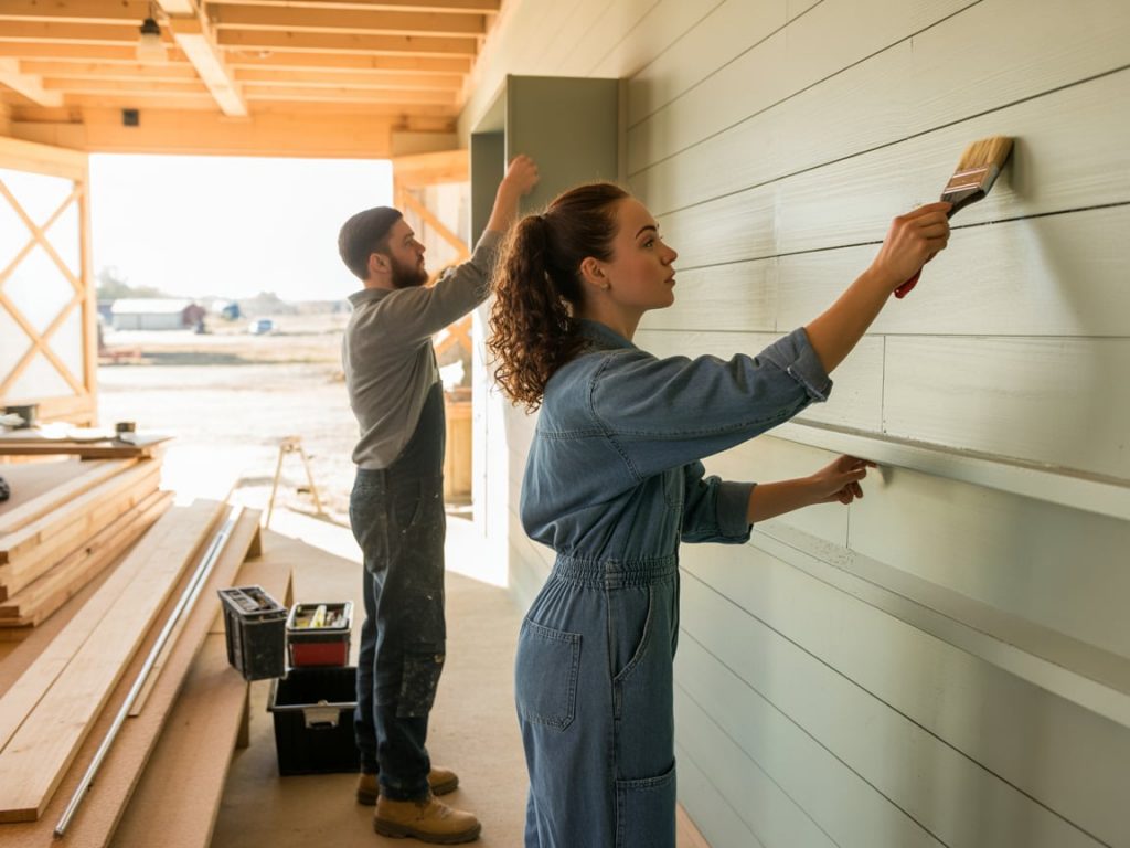 A young couple working together on their DIY barndominium interior, one painting and one installing a cabinet